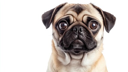 Obraz premium Adorable fawn pug puppy with big eyes looking directly at the camera against a white background.