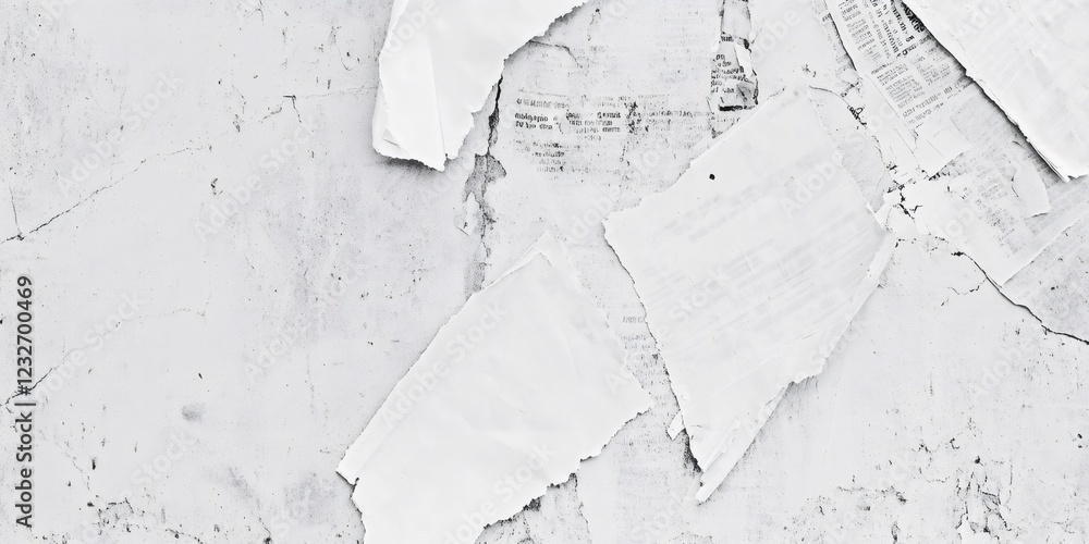 Poster white grunge wall texture featuring torn pieces of paper creating an abstract and weathered backgrou
