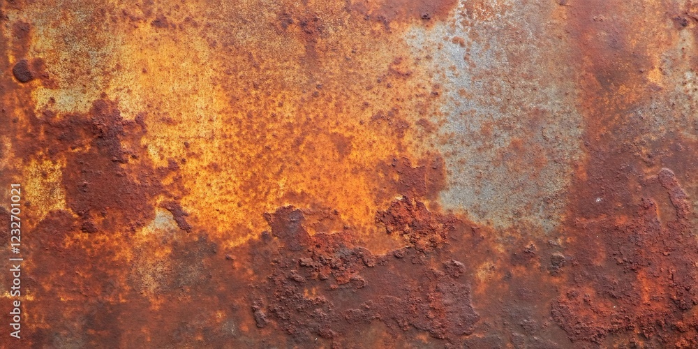 Poster close up of a rusty metal surface showing corrosion and decay creating a grunge texture background, 