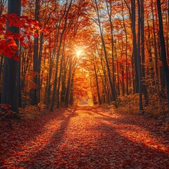 Fototapeta premium Enchanting Autumn Splendor: Captivating Forest with Radiant Red Leaves Creating a Picturesque Scene of Nature's Beauty