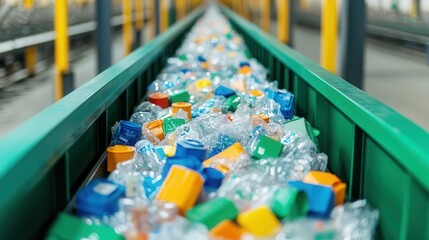 Predictive analytics optimizes supply chain management. Conveyor belt filled with colorful plastic waste for recycling.