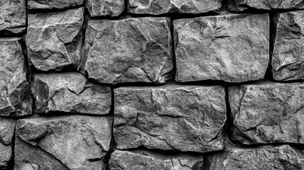 Detailed stone wall showcasing irregular texture and natural patterns in black and white
