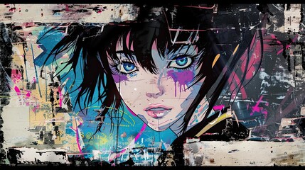 Cool grunge neon blue and pink y2k anime girl manga with a negative photocopy effect. retrowave vintage design