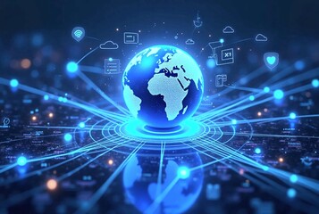 Fototapeta premium Digital illustration representing the internet. Glowing cyber-themed background with network connection and wave. 3D hologram of the Earth with data streams with Wi-Fi icons cloud server code snippets