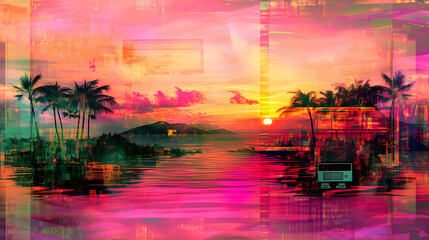 Naklejka premium Vibrant Digital Vaporwave Collage Showcasing Neon Colors and a Serene Sunset Over a Tropical Landscape. Generative AI
