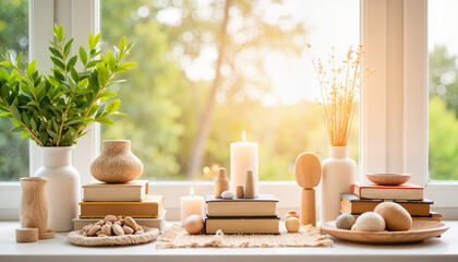 Sunlit ancestral altar decor in bright conservatory, tranquil ambiance