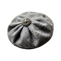 Woolen Beret in Light Gray with Decorative Pin Isolated on Transparent Background