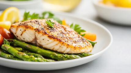 A beautifully plated seared sea bream fillet garnished with fresh asparagus and vibrant vegetables on a stylish dining table