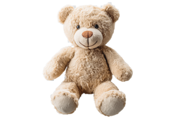 A soft toy teddy bear on a clear, transparent background.