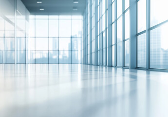 Obraz premium Blurred modern office interior with large glass windows and a sleek white floor, creating a clean and spacious atmosphere. This vector illustration serves as a versatile background for business 