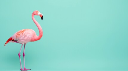 Fototapeta premium A vibrant pink flamingo stands gracefully against a soft turquoise background, showcasing its elegant form and striking color.