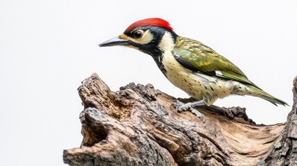 Obraz premium Green woodpecker perched on wood, white background, nature photography
