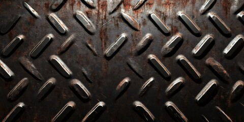 Weathered diamond plate metal surface, revealing textural rust patterns and industrial wear characteristics