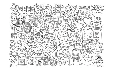 Hand-drawn love-themed doodles with hearts, gifts, letters, and romantic elements. A playful monochrome design perfect for Valentine’s Day and celebrations of affection.
