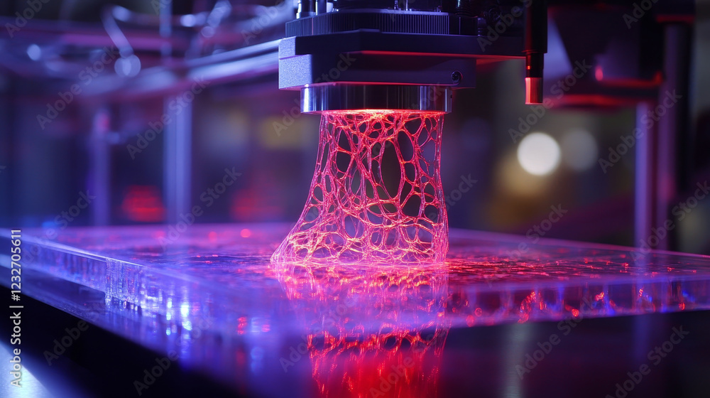 Poster bioprinter creating vascular structures with glowing red light