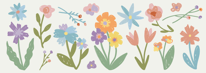 Set of colorful hand drawn flowers in doodle style. Collection of cute floral elements, crayon pencil child drawings. Decoration for spring, summer designs, posters, banners, greeting cards.