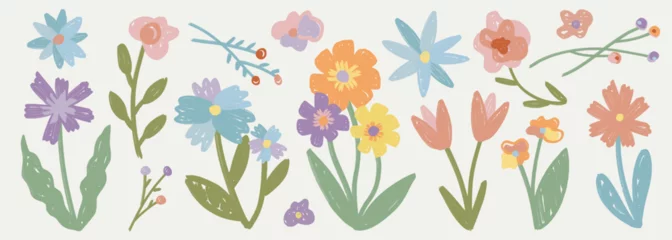 Schilderijen op glas Geschilderde Bloemen Set of colorful hand drawn flowers in doodle style. Collection of cute floral elements, crayon pencil child drawings. Decoration for spring, summer designs, posters, banners, greeting cards.  © v1ra