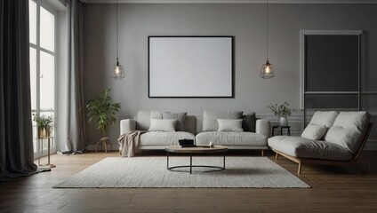 Living room interior with white empty poster on the wall 