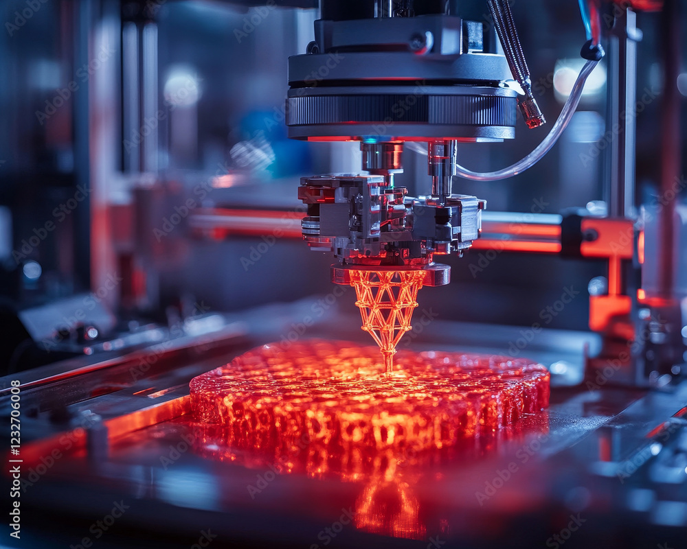 Poster high tech bioprinter creating intricate red scaffolding