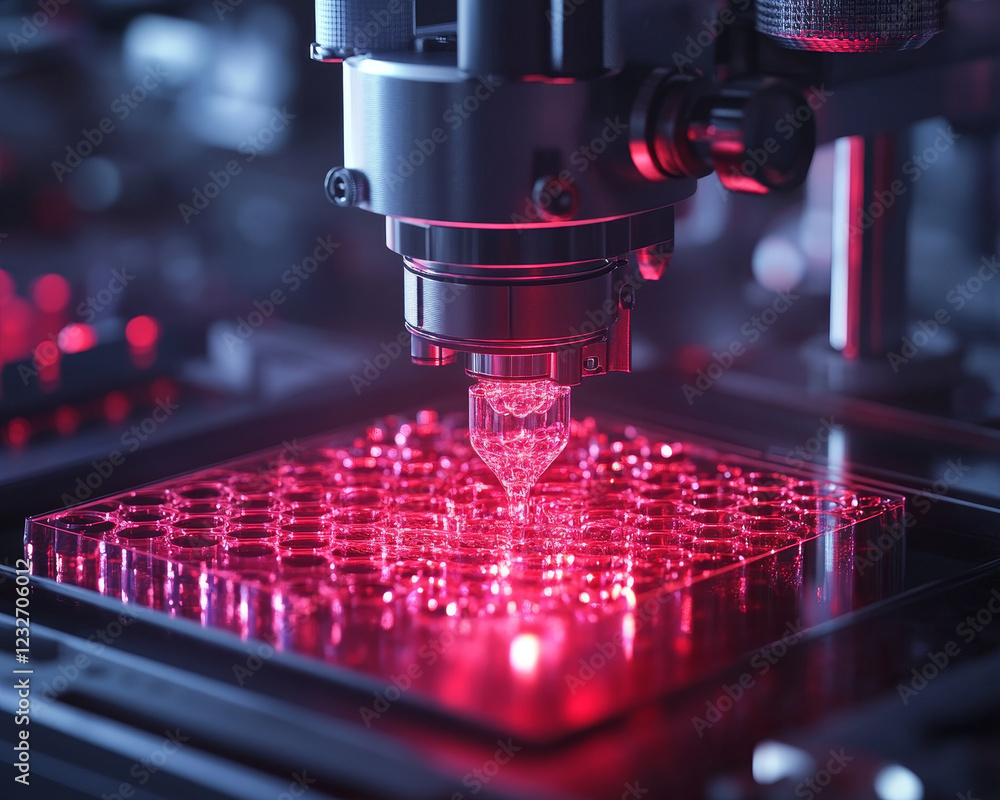 Poster high tech bioprinter creating intricate structures in red light