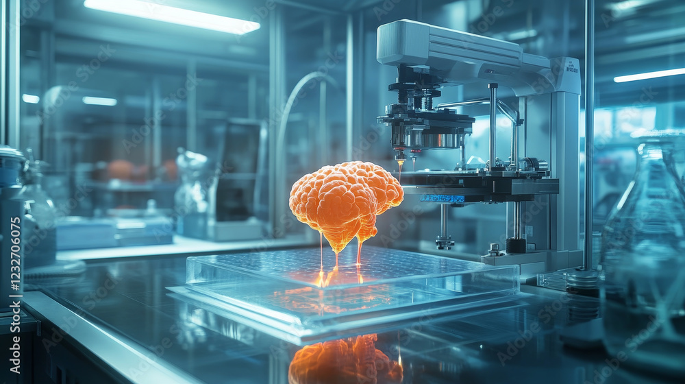 Poster futuristic lab with glowing brain model on microscope
