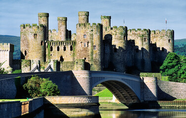 Mediaeval Conwy Castle, built by King Edward 1, on the River Conwy, Snowdonia, in the Gwynedd...
