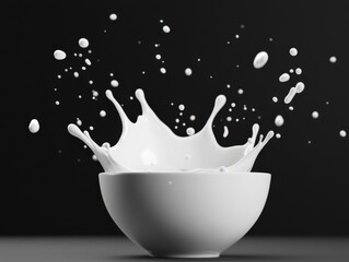 milk splash in a white bowl on a dark background