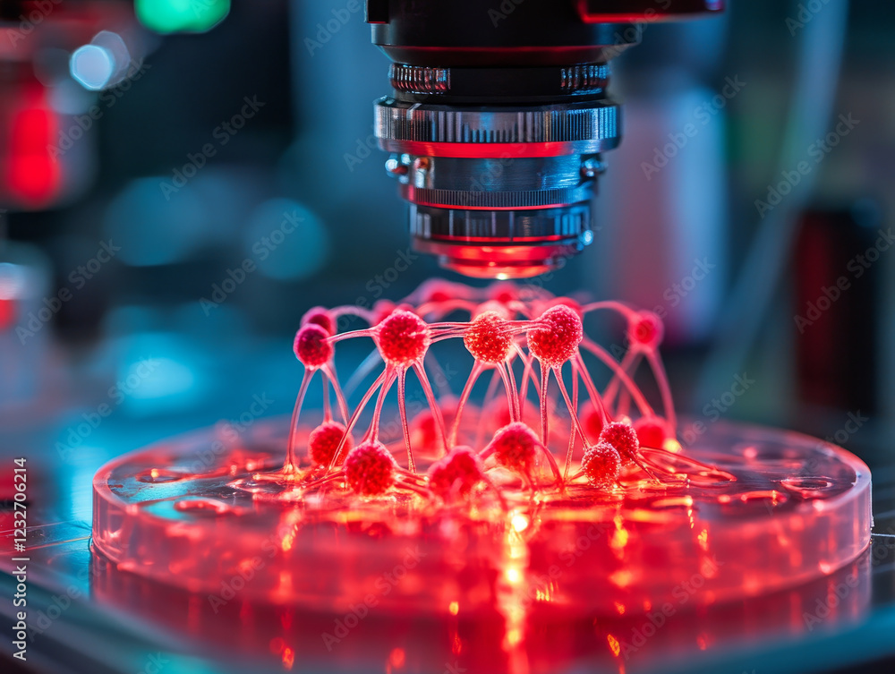 Poster microscope focusing on neural cells in glowing platform