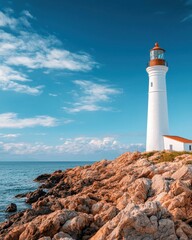 A striking lighthouse stands on rocky shores under a bright blue sky, surrounded by serene waters and soft clouds, showcasing a picturesque coastal landscape.