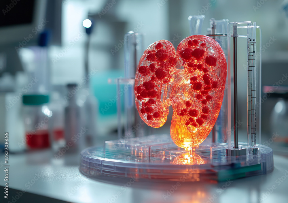 Poster 3d kidney model with red elements in laboratory setting