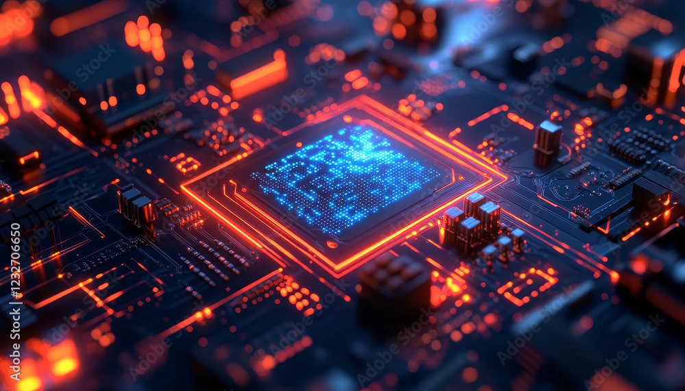 Poster abstract circuit board with glowing elements and empty center