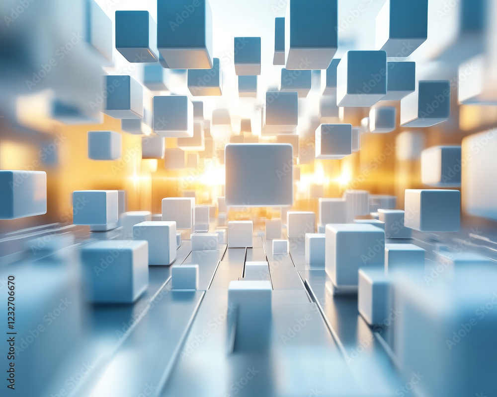 Poster abstract business environment with floating cubes and light