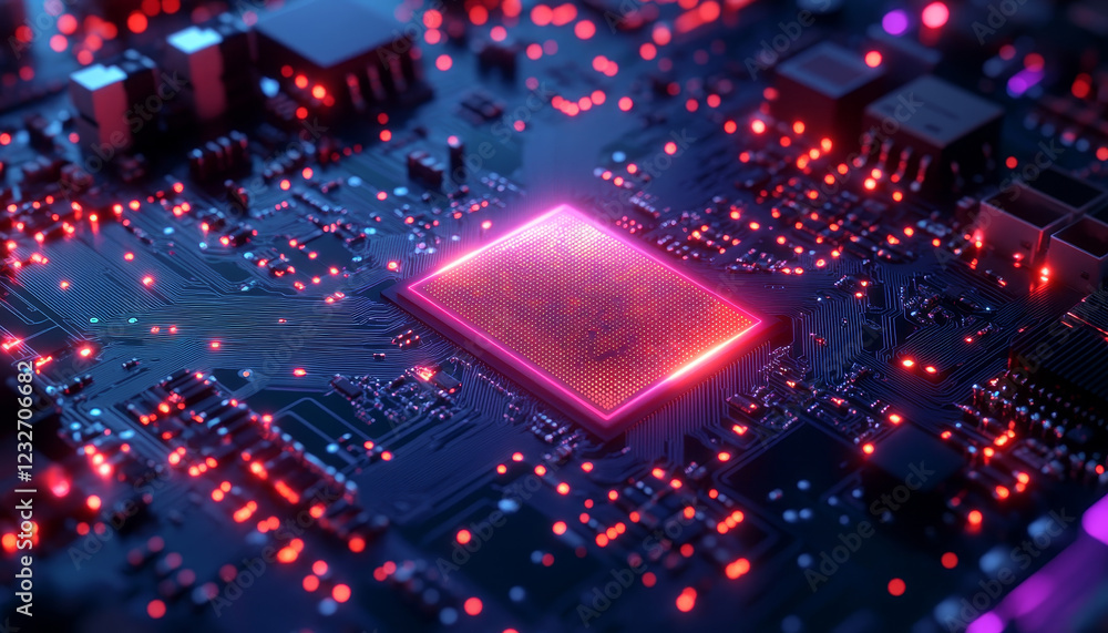 Poster high tech circuit board with glowing elements and empty center
