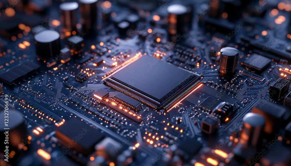 Poster abstract circuit board with glowing components and empty center