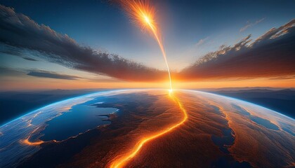 소행성 충돌 후의 충격파, 대기권 진입시 발하는 백열광의 유성체가 대륙 상공에서 폭발하는 순간