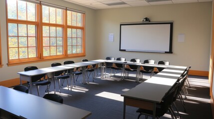 Bright Classroom Ready for Learning: Modern Seminar Room with Large Windows and Interactive Whiteboard