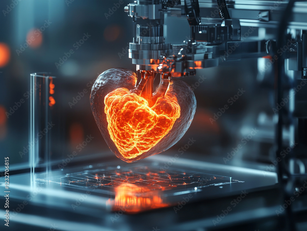 Poster advanced bioprinter creating artificial heart tissue with