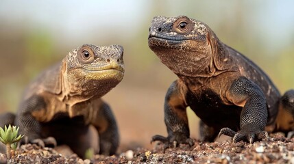Fototapeta premium Two Brown Lizards Close-Up in Desert Setting