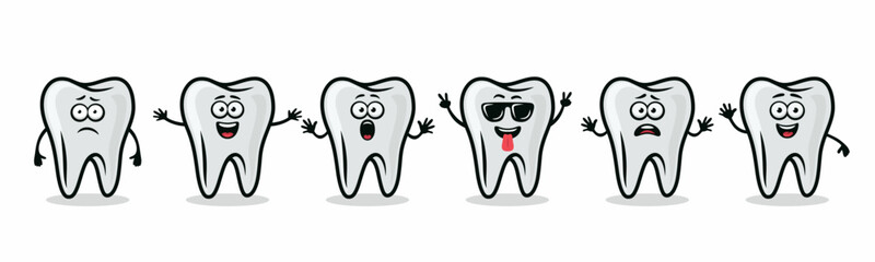Adorable Tooth Characters Showing Different Emotions. Flat Vector Tooth Illustration - Happy, Excited, Sad, Scared Expressions. Cute Tooth Design Templates for Dental Logos, Marketing, Dental Branding