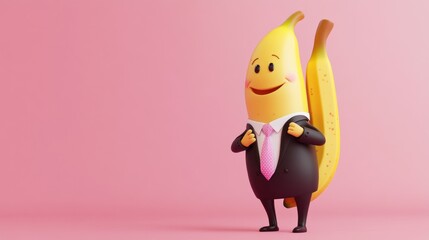 Fototapeta premium Happy banana in suit, pink background, ready for work