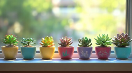 Fototapeta premium Vibrant succulents display on window sill home decor indoor plants natural light close-up gardening inspiration