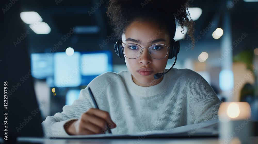 Poster a focused shot of a call center employee working at their desk, taking notes while speaking with a c