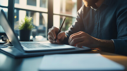 A focused shot of a call center employee working at their desk, taking notes while speaking with a customer over the phone.