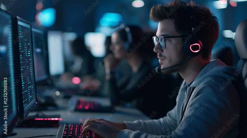 Poster A busy call center with agents interacting with customers through headsets, with monitors and digital tools in view.