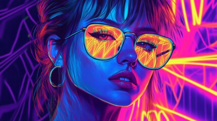 Woman in Neon Retro Sunglasses, Pixel Art Portrait