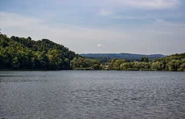 Water surface of natural pond with opposite bank with trees. Trees, nature, pond, sky, lake. Landscape of the Czech Republic, nature. Traveling on summer vacation.