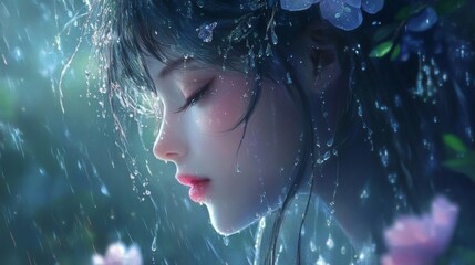 Serene Woman Profile Portrait in the Rain with Pink Flowers