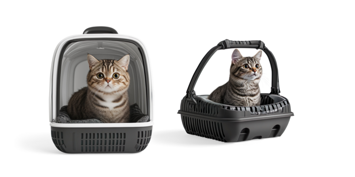 Curious Tabby Cat in Blue Pet Carrier on a Transparent Background