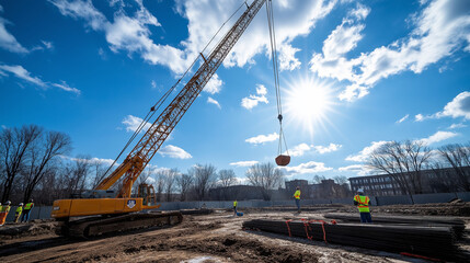 A wide-angle shot of a construction crane at work, with workers on the ground and materials being lifted high into the air.