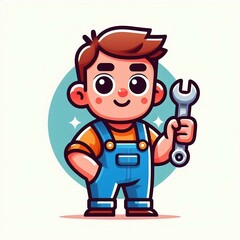 Cartoon worker character holding wrench with cheerful expression
